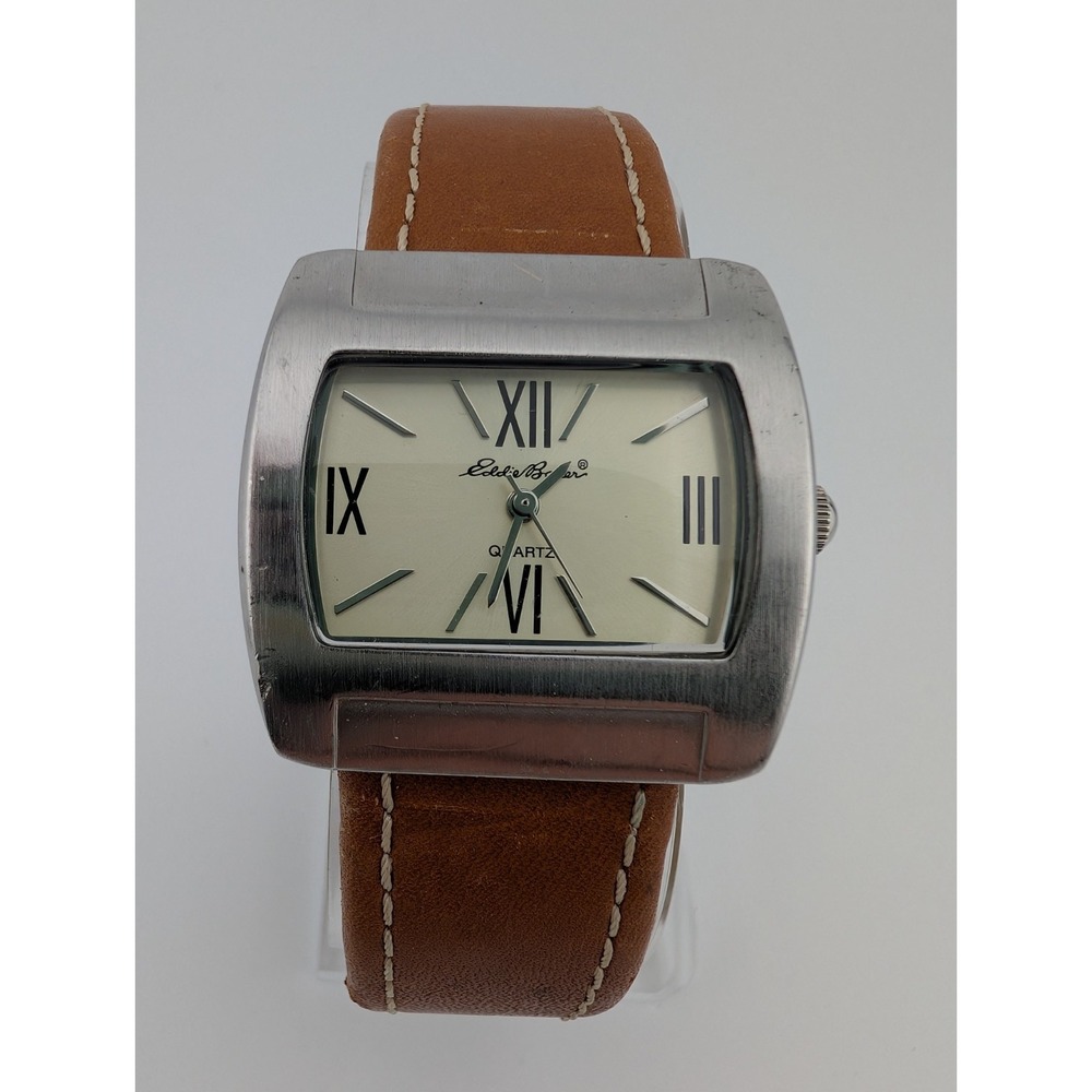 Eddie Bauer Watch Women 35mm Silver Tone Open Leather Cuff- New Battery